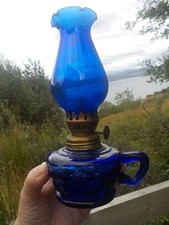 VINTAGE COBALT BLUE GLASS OIL LAMP HURRICANE CHIMNEY SHADE 1950s Hong Kong