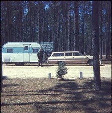 Man & Station Wagon Pulling Teardrop Camper Travel Trailer Vtg 1968 Slide Photo