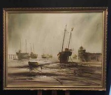 John Bampfield Original Signed Large Oil On Canvas Harbour At Low Tide