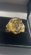 14ct Gold Ring Solid Lion Head ring with emeralds