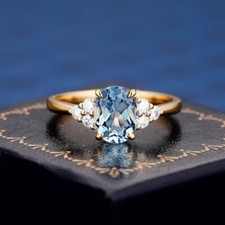 2ct Engagement Ring Oval Cut Blue Aquamarine Diamond Accent 14k Yellow Gold Over