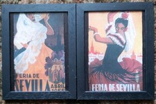 Pair Framed 1965 Feria de Sevilla Flamenco Posters 6x8"Vintage Seville Spain Art