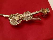 Vintage Violin & Bow Swarovski Crystal Brooch -Fiddle & Bow Musical Instrument.