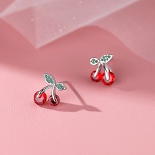 925 Sterling Silver Cute Fruit Cherry CZ Crystal Stud Earrings Women Girl Gift