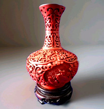 Chinese Cinnabar Lacquer Baluster Vase and Stand  13cm