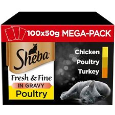 100 x 50g Sheba Fresh & Fine Adult Wet Cat Food Pouches Mixed Poultry in Gravy