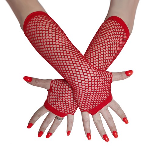 Red long fishnet gloves - long, lace