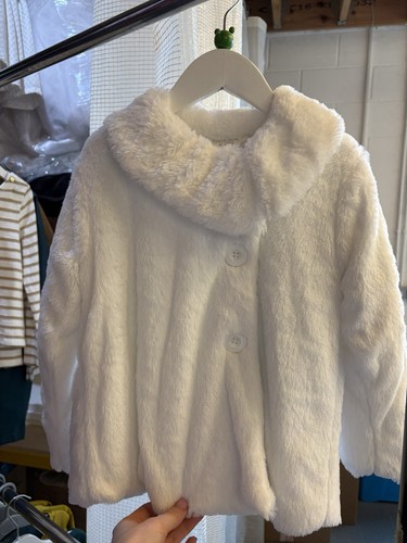 Girls white fur button coat - fur,