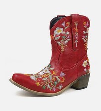 Womens Cowboy Boots Embroidery Cowgirl Western Low Block Mid Calf Riding Boots