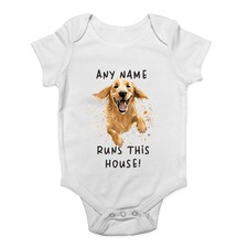 Personalised Golden Retriever Runs This House Dog Baby Grow Vest Bodysuit Gift