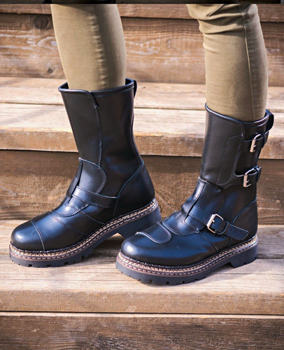 Black leather biker boots - black,