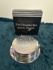 Vintage Silver Plated 7-Piece Coaster Set with Ornate Floral Design New Boxed