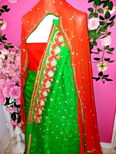 INDIAN GREEN ORANGE SAREE SPARKLY SAREE BOLLYWOOD PARTY WEAR WEDDING SARI