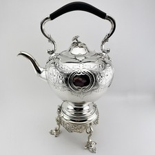 Large Decorative Victorian Silver Plated Tea Kettle on Stand