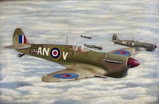 Vintage Oil Painting Squadron of Spitfires Signed
