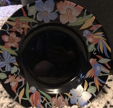 Arcoroc Black Glass Plate Tropical  Floral  Blue Parrot Bird Plate AOW6