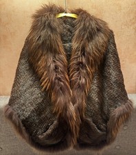 Handmade Knit Real Mink - Raccoon Fur Collar Coat Poncho Wraps Cape 