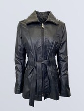 Women black leather coat - black,