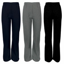 GIRLS PULL UP SCHOOL TROUSERS HALF ELASTICATED WAIST UNIFORM PLAIN PANTS BOTTOMS