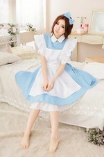 Alice in Wonderland Costume Waitress Uniform Maid Blue Dress Halloween Cosplay