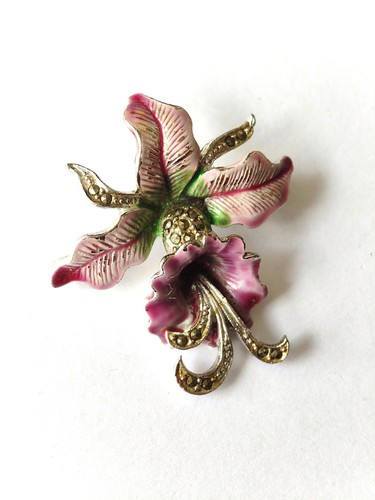 Cold enamel brooch marcasite - cold,