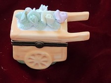Vintage Capodimonte Style Wheel Barrow Flower Cart Trinket Charm Box, Hinged Lid