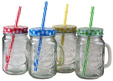 Drinking Mason Jars With Handle Lid Reusable Straw - Summer Gingham - Set of 4