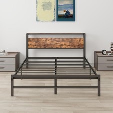 Arfarly Queen Bed Frame with Wood Effect Headboard Black & Rustic Brown Boxed