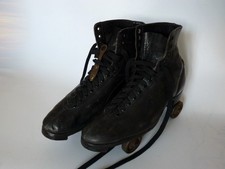 Vintage Antique Black Leather Ashby Metal Wheel Roller Skates UK 9 Steel Wheels