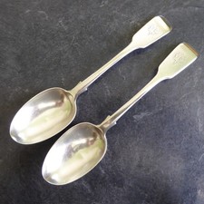 1866-PAIR OF VICTORIAN FIDDLEBACK DESSERT SPOONS- LONDON- GEORGE W ADAMS - 89.4g
