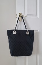 Gucci Genuine Black GG Logo Canvas Leather Shoulder Shopping Tote Bag