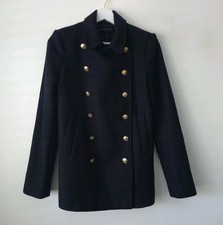 Zara Ladies Black Short Wool Blend Military Coat Jacket Size S Small 8 10 