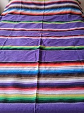 Vintage Wool Blend Blanket purple rainbow stripes tassels 62 in by 91in 70s