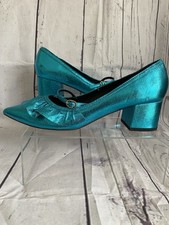 ASOS TURQUOISE METALLIC MARY JANE FRILLED BLOCK HEEL POINTED TOE SHOES UK 6