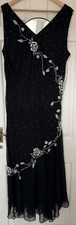 Black Embroidered Beaded Fitted Dress Long Length Approx Size 10, Floral Design