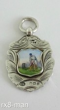 1910 SUPERB ANTIQUE SOLID STERLING SILVER ENAMEL CRICKET POCKET WATCH FOB MEDAL