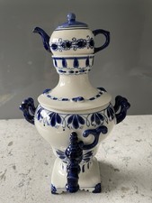 Vintage Gzhel Russian (USSR) blue & white porcelain Samovar + Teapot new photos
