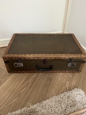 1920 Antique Vintage Leather Trunk Paper Lined with Brass Fittings And Lock