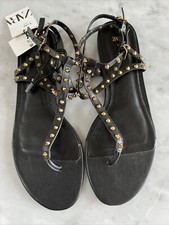 Zara Black Leather Gold Stud Flat Sandals Size 40