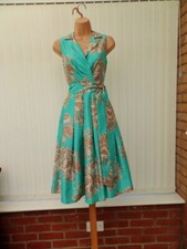 ELIZA J TURQUOISE GOLD IVORY FLORAL SATEEN 50'S PLEAT FLARE MIDI DRESS 8 NWOT
