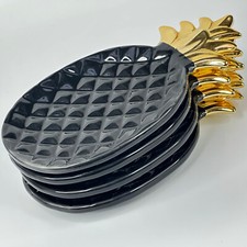 Unusual Black & Gold Ceramic Tiki Bar Pineapple Small Plates With Gold Trim Leaf