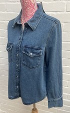 New H&M Denim Shirt Medium Blue Cotton Popper Buttons Long Sleeve Casual 