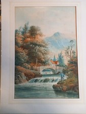FANTASTIC LARGE VINTAGE ENGLISH SCHOOL WATERCOLOUR MAN FLY FISHING 