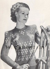 Knitting Pattern Womens Vintage 1940s Xmas Reindeer Ski Fair Isle Sweater