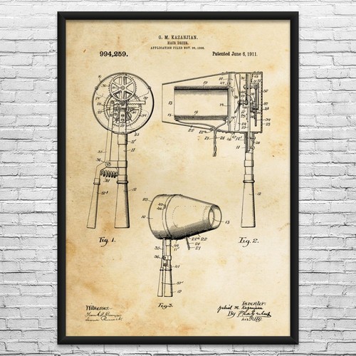 Hair dryer patent wall art - hair,