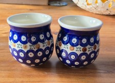 Polish Pottery Small Mug coffee x 2  peacock pattern