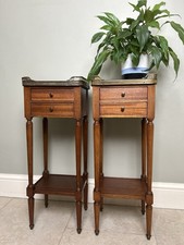 Pair of French Marble Top Brass Galleried Night Stands Bedside Tables Drawers