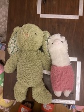 Green Bunny And White Sheep In A Pink Jumper- A Pair Of Soft, Cuddly Toys