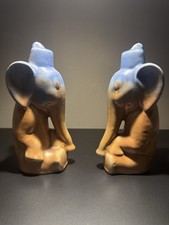 Pair Of 1930’s Sylvac Seated Elephants In Fez Hats Pale Blue/Brown Art Deco