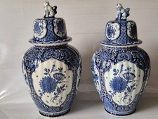 Pair  Delft Royal Sphinx/  Boch  Large Lidded Ginger Jars  foo dog 38 cm tall